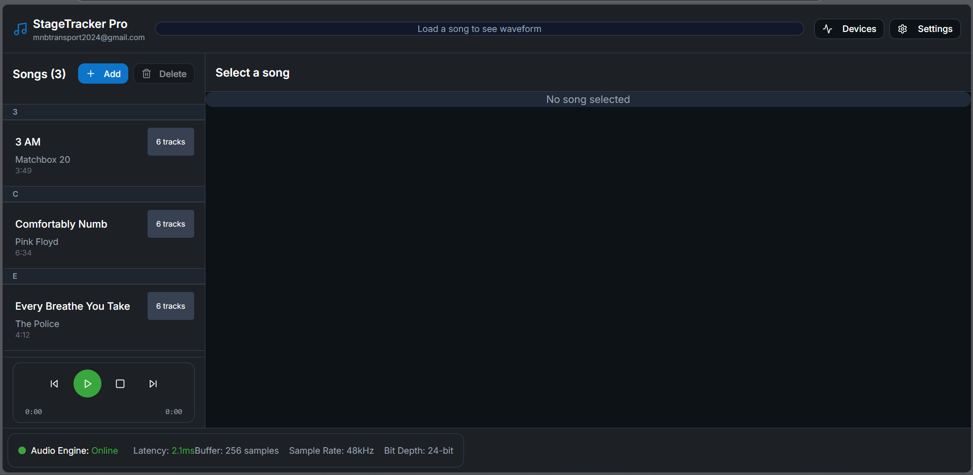 StageTracker Pro backing tracks and set list manager interface